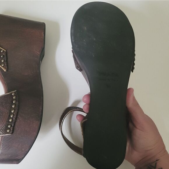 Prada Gold & Brown Wedge Sandals Size 39 - Picture 6 of 7